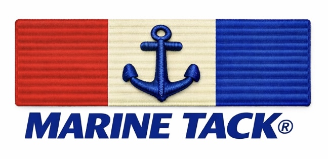 Marine Tack Shop Logo, comprised by a fabric made ribbon with three squares. Red, Beige, and Blue with a Navy Blue anchor embrodied at the center.
